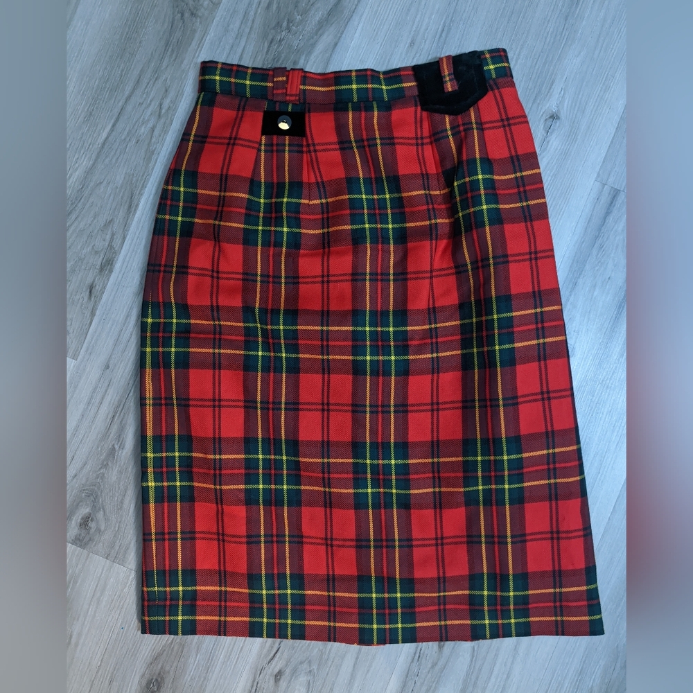 Vtg Brendella 100%‎ Wool Plaid Midi Skirt Size 26